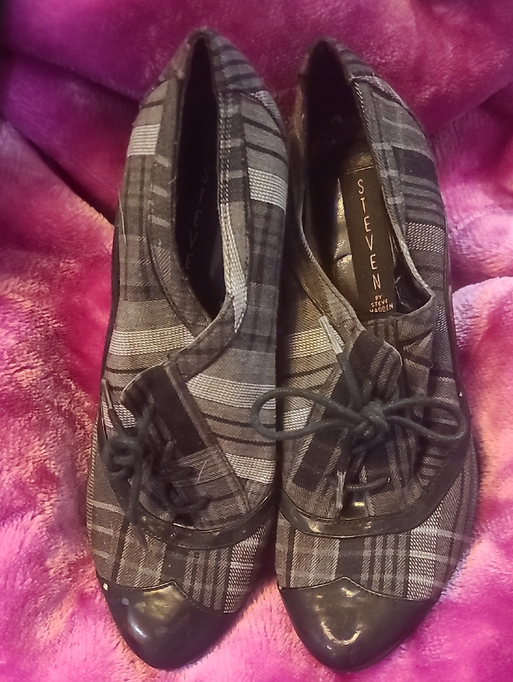 Steve Madden Black and Gray Plaid Lace-Up Heels